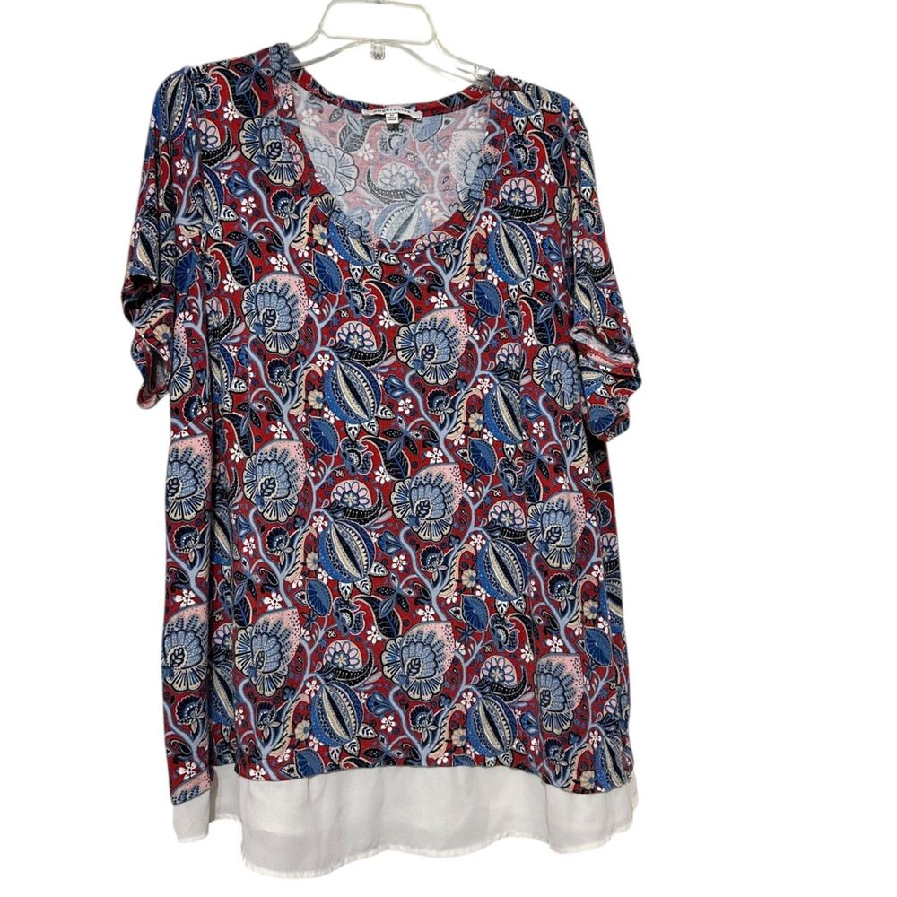 ROSE + OLIVE Red Blue Floral Print V-Neck Tunic Top 2X Short Sleeve Womens